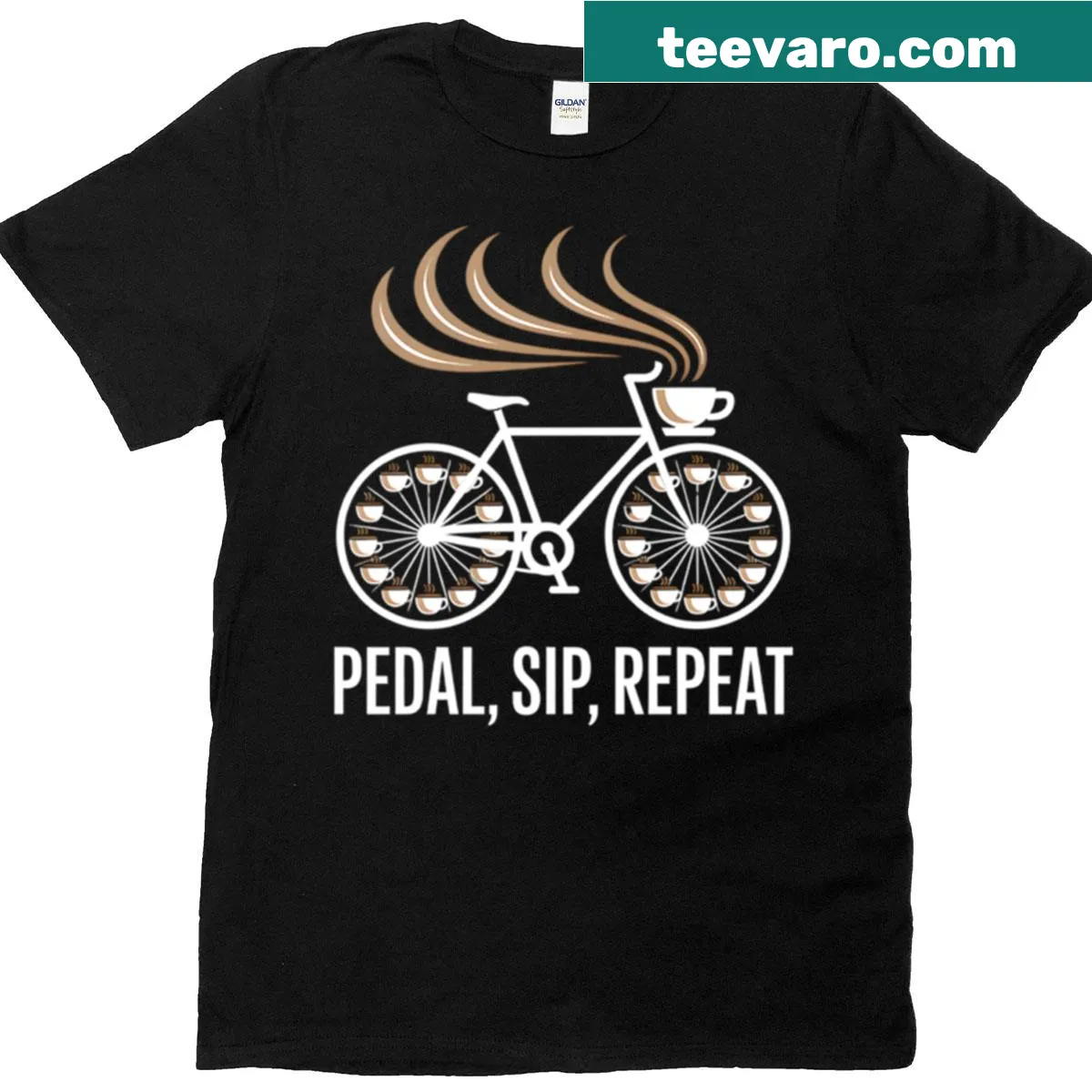 Playful cycling t-shirt with 'Pedal Sip Repeat' text — on a men's t-shirt