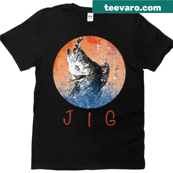 Illustrative T-shirt featuring a perch and fishing jig for anglers