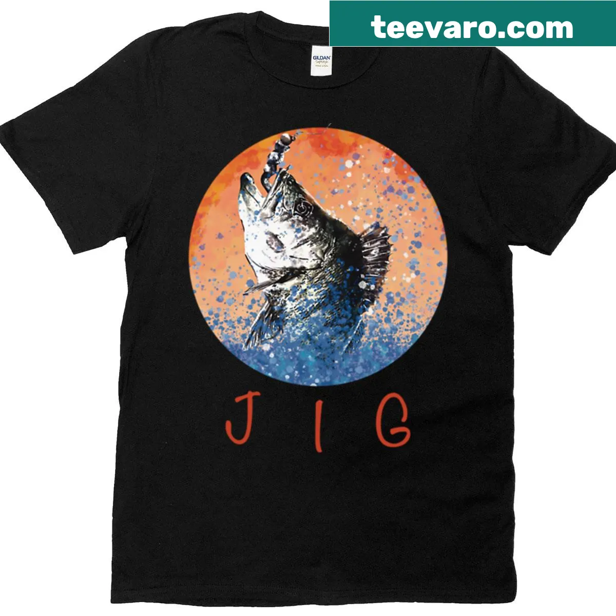 Illustrative T-shirt featuring a perch and fishing jig for anglers — on a men's t-shirt
