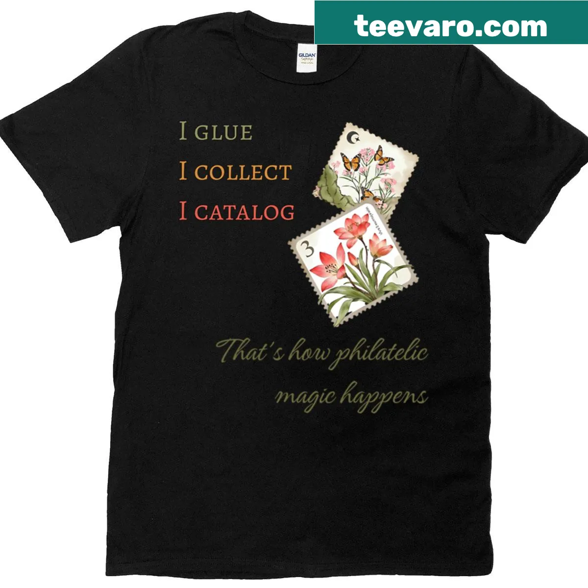 T-shirt with the phrase 'Philatelic Magic Happens' and stamp illustrations — on a men's t-shirt
