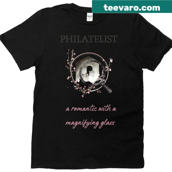 Philatelist-themed T-shirt with magnifying glass graphic
