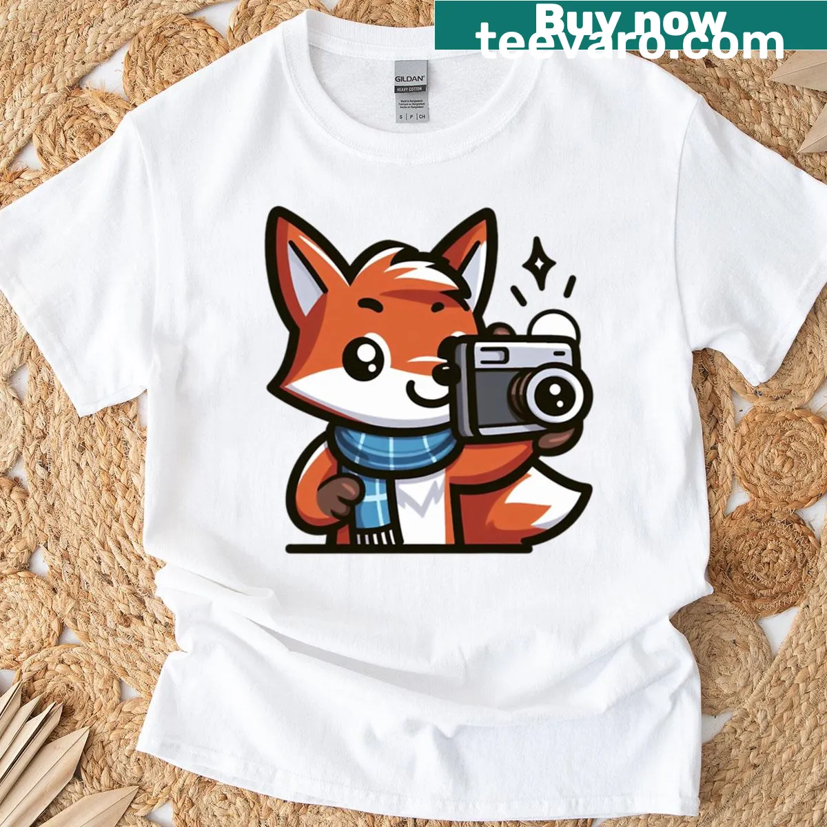 Cartoon fox with a camera, ready to take photos — on a men's t-shirt