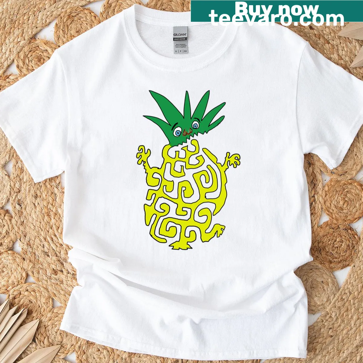 Whimsical illustration of a cheerful pineapple character on a t-shirt — on a men's t-shirt