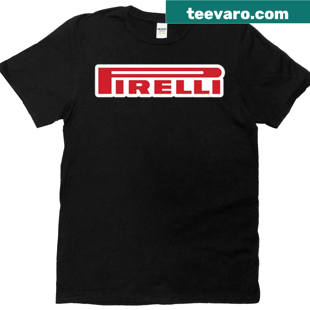 Pirelli Tires logo graphic on a T-shirt for automotive enthusiasts. — on a men's t-shirt