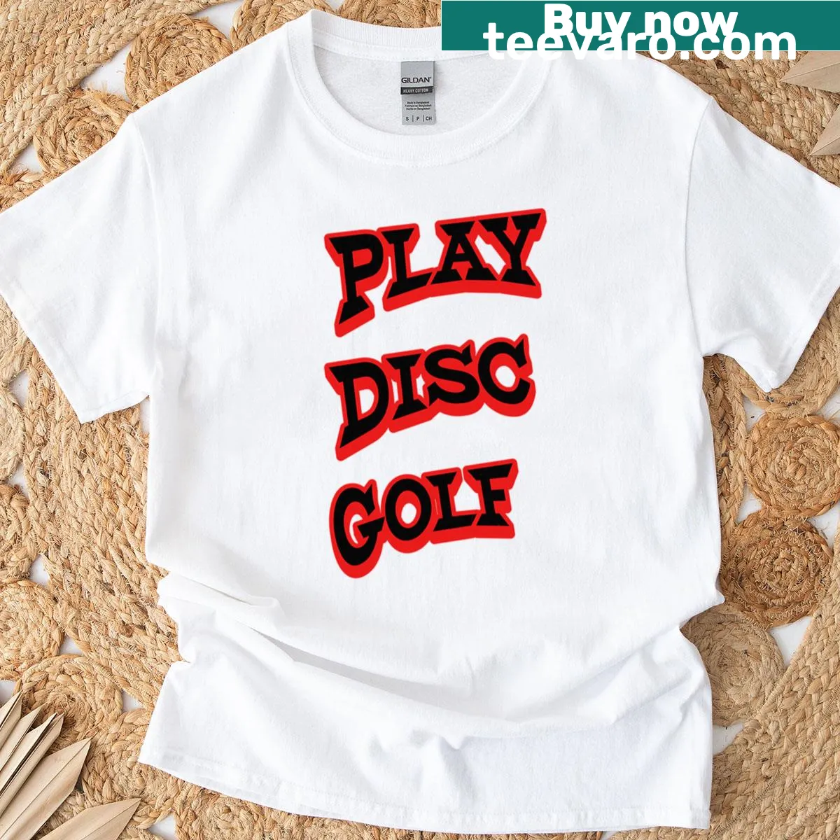 T-shirt featuring a playful disc golf graphic — on a men's t-shirt