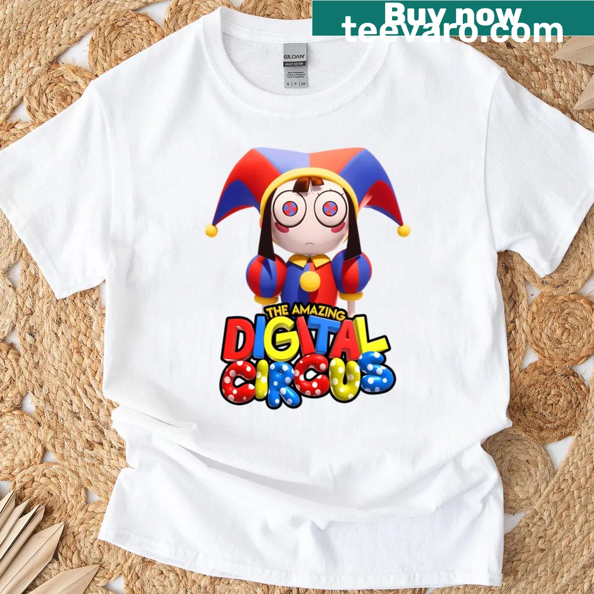 Illustration of Pomni in a digital circus theme — on a men's t-shirt
