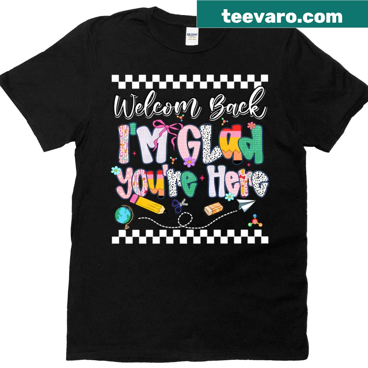 Preppy back-to-school t-shirt with 'I'm Glad You're Here' text — on a men's t-shirt