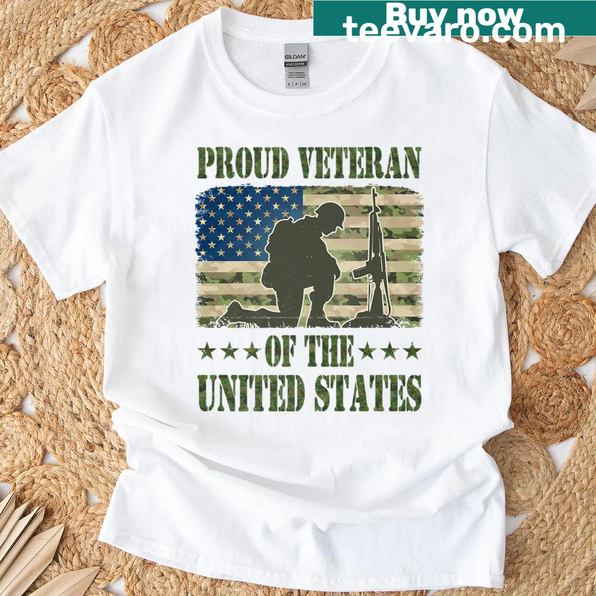 Camo flag design with cross for proud veterans — on a men's t-shirt