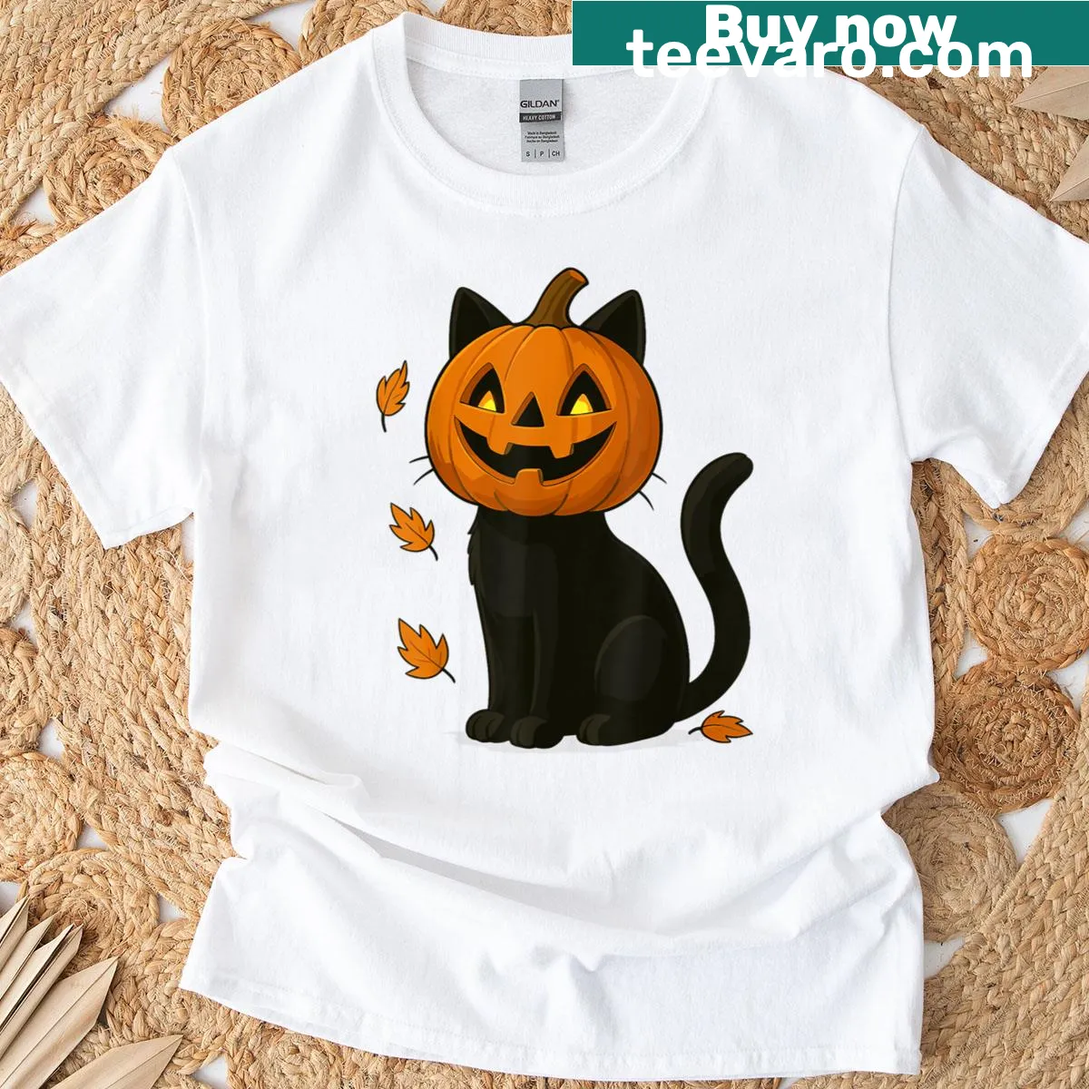 Cute black cat hiding behind a smiling pumpkin — on a men's t-shirt