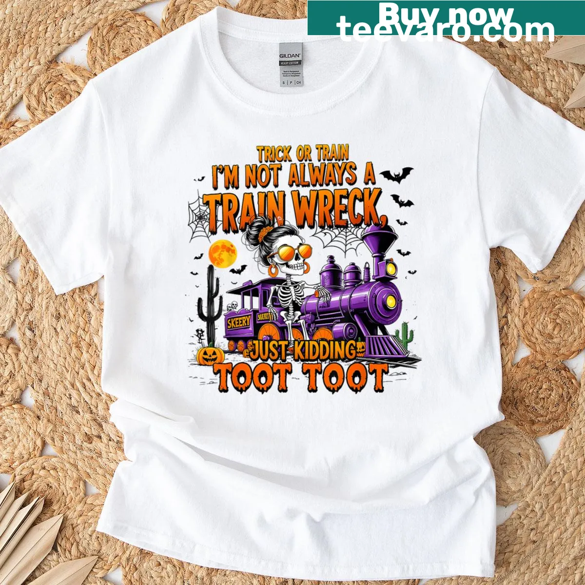 Funny skeleton with ghosts design for Halloween fun. — on a men's t-shirt