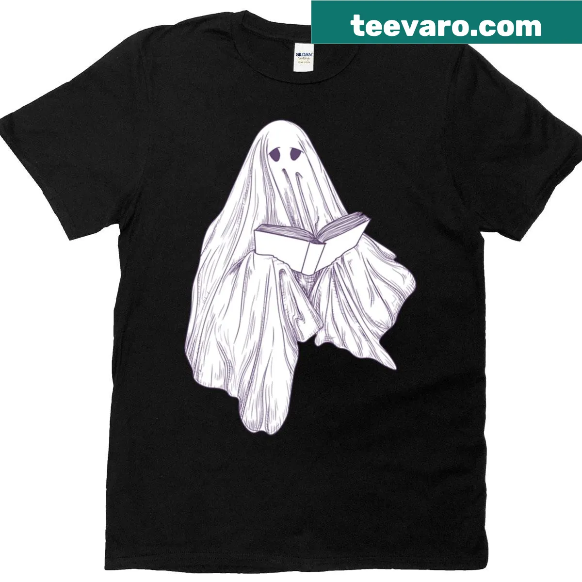 Ghost reading books illustration on a T-shirt for Halloween — on a men's t-shirt