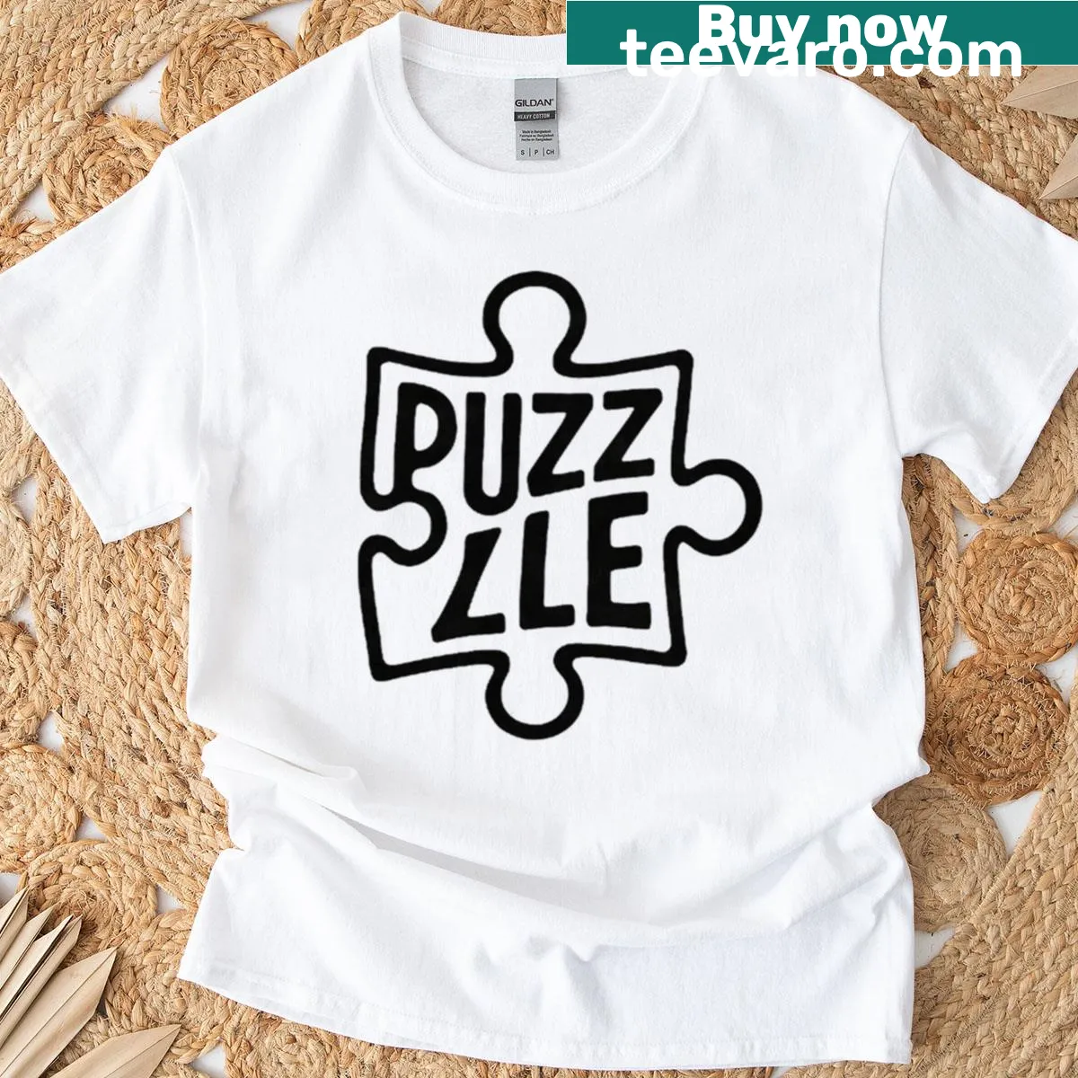 Typography design with jigsaw puzzle pieces for a brain teaser theme — on a men's t-shirt