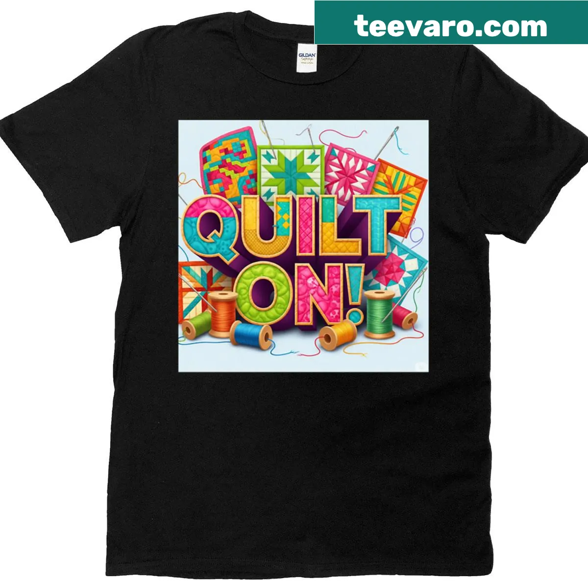 T-shirt featuring a quilting illustration — on a men's t-shirt