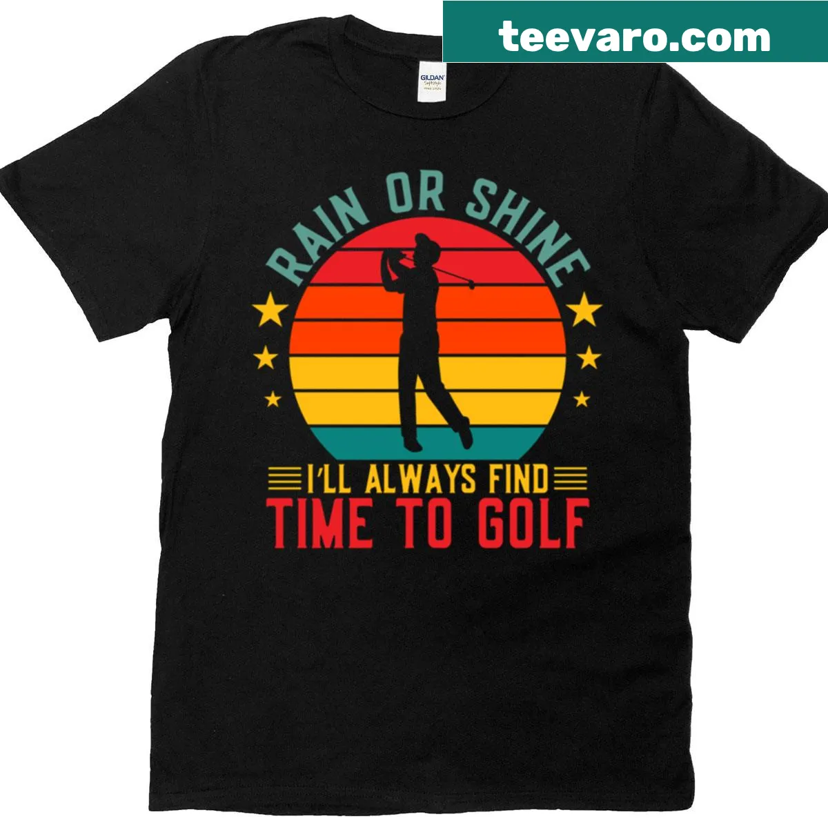 Golf t-shirt with the slogan 'Rain or Shine, I'll Find Time to Golf' — on a men's t-shirt
