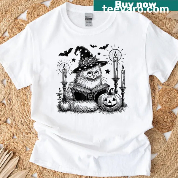 Cute Halloween-themed shirt with a black cat and pumpkin for book lovers