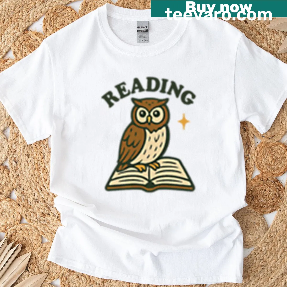 Adorable owl illustration on a Reading Owl t-shirt with books underneath — on a men's t-shirt