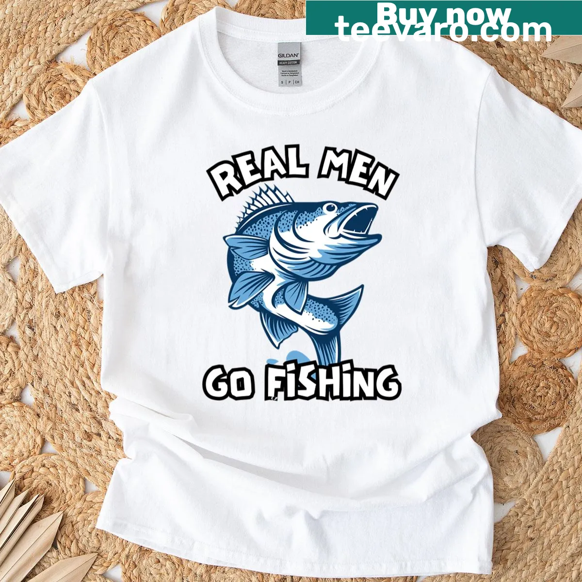 Bold fish design t-shirt with 'Real Men Go Fishing' text — on a men's t-shirt