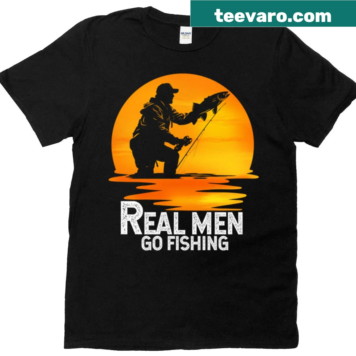 Silhouette of a fisherman against a sunset on a t-shirt — on a men's t-shirt