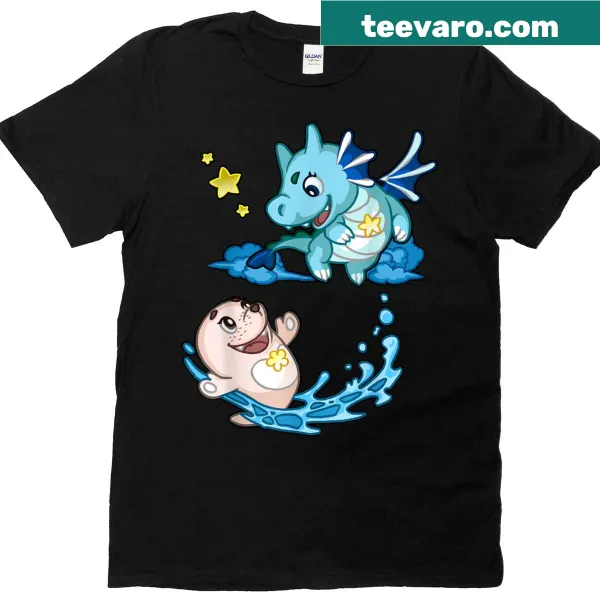 Cute seal and dragon illustration on a playful T-shirt