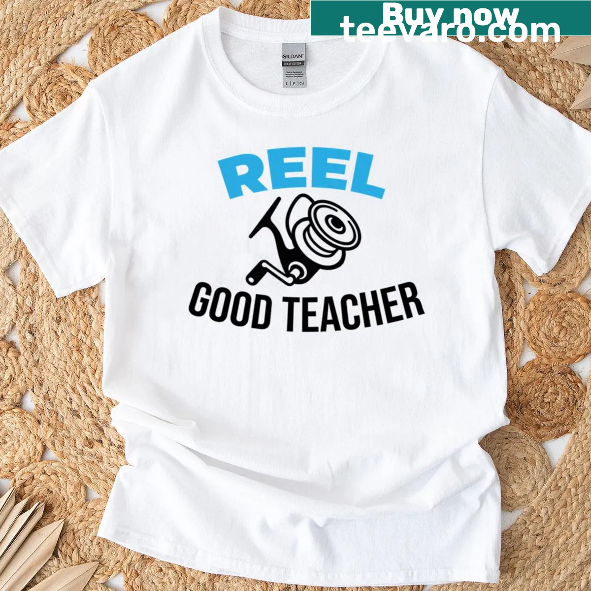 Reel Good Teacher humorous T-shirt with fishing theme — on a men's t-shirt