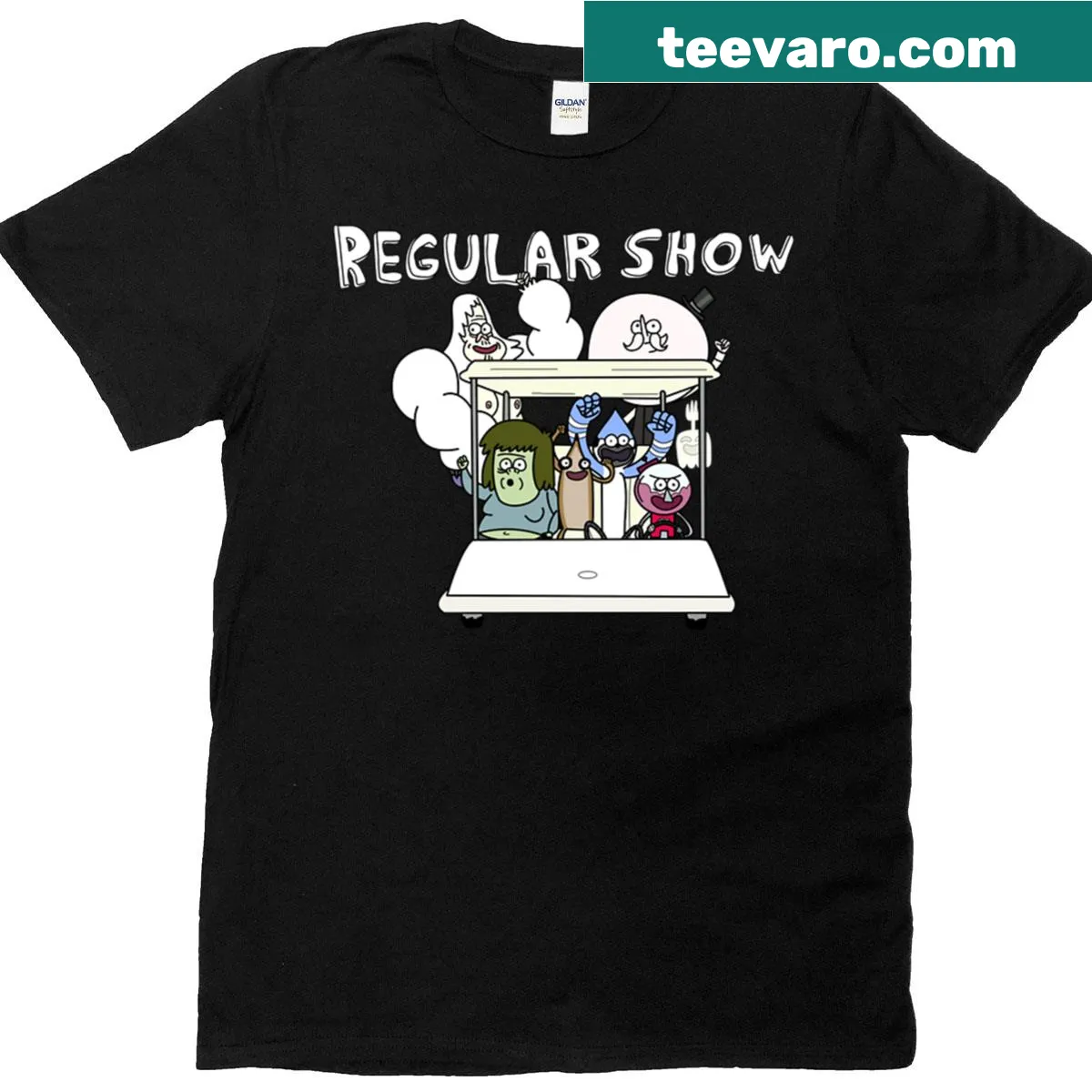 T-shirt featuring main characters from Regular Show in playful design — on a men's t-shirt