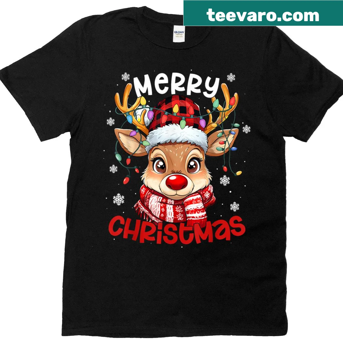 Adorable reindeer with Christmas lights on a T-shirt — on a men's t-shirt