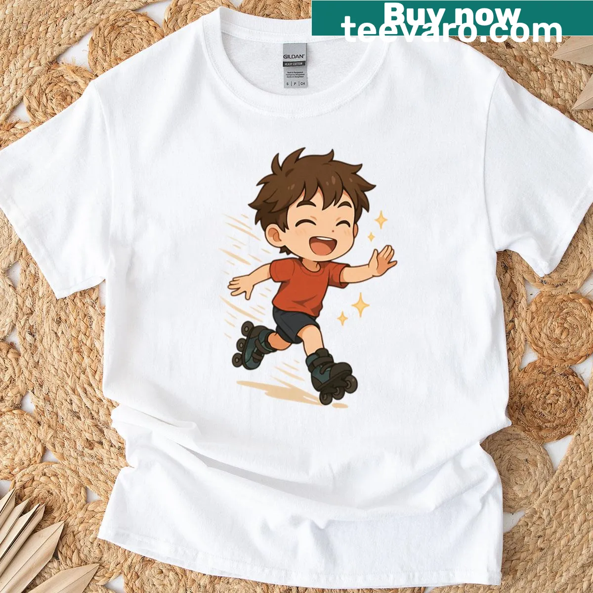 Chibi anime boy on roller skates with sparkles T-shirt — on a men's t-shirt
