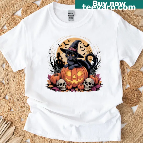 Retro black cat witch on pumpkin in a spooky Halloween design