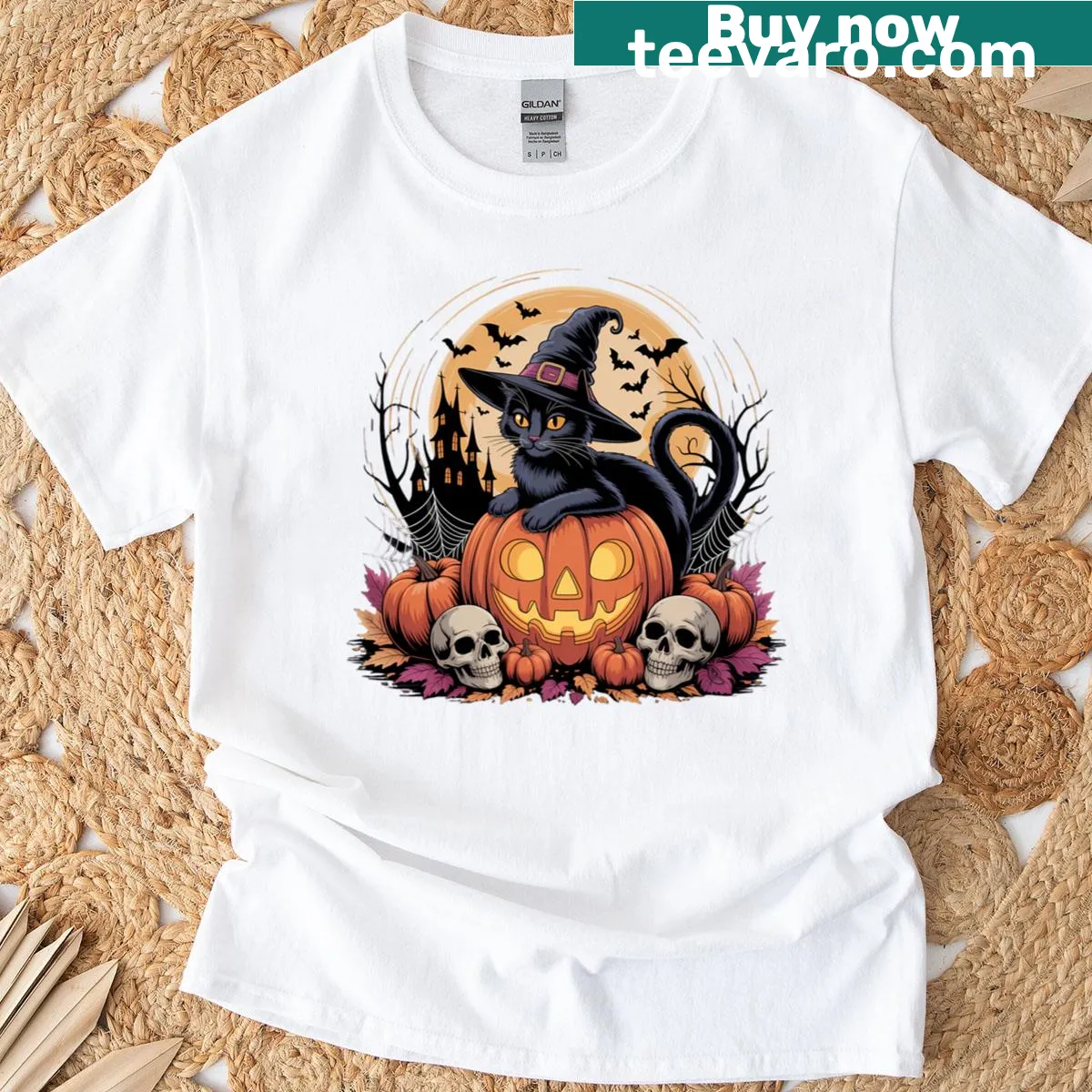 Retro black cat witch on pumpkin in a spooky Halloween design — on a men's t-shirt