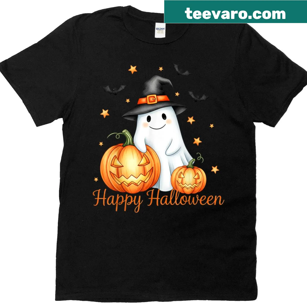 Cute retro ghost and pumpkin design on T-shirt — on a men's t-shirt