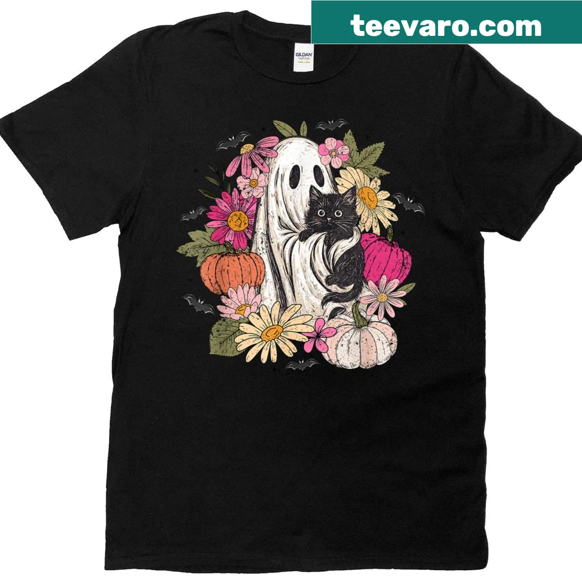 Retro floral ghost and cat design on a Halloween T-shirt — on a men's t-shirt