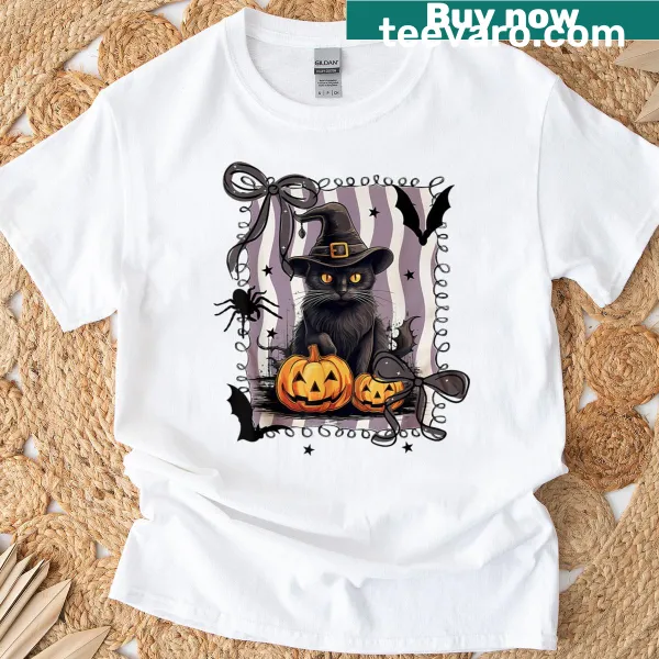Cartoon witch with black cat and pumpkin on a Halloween t-shirt