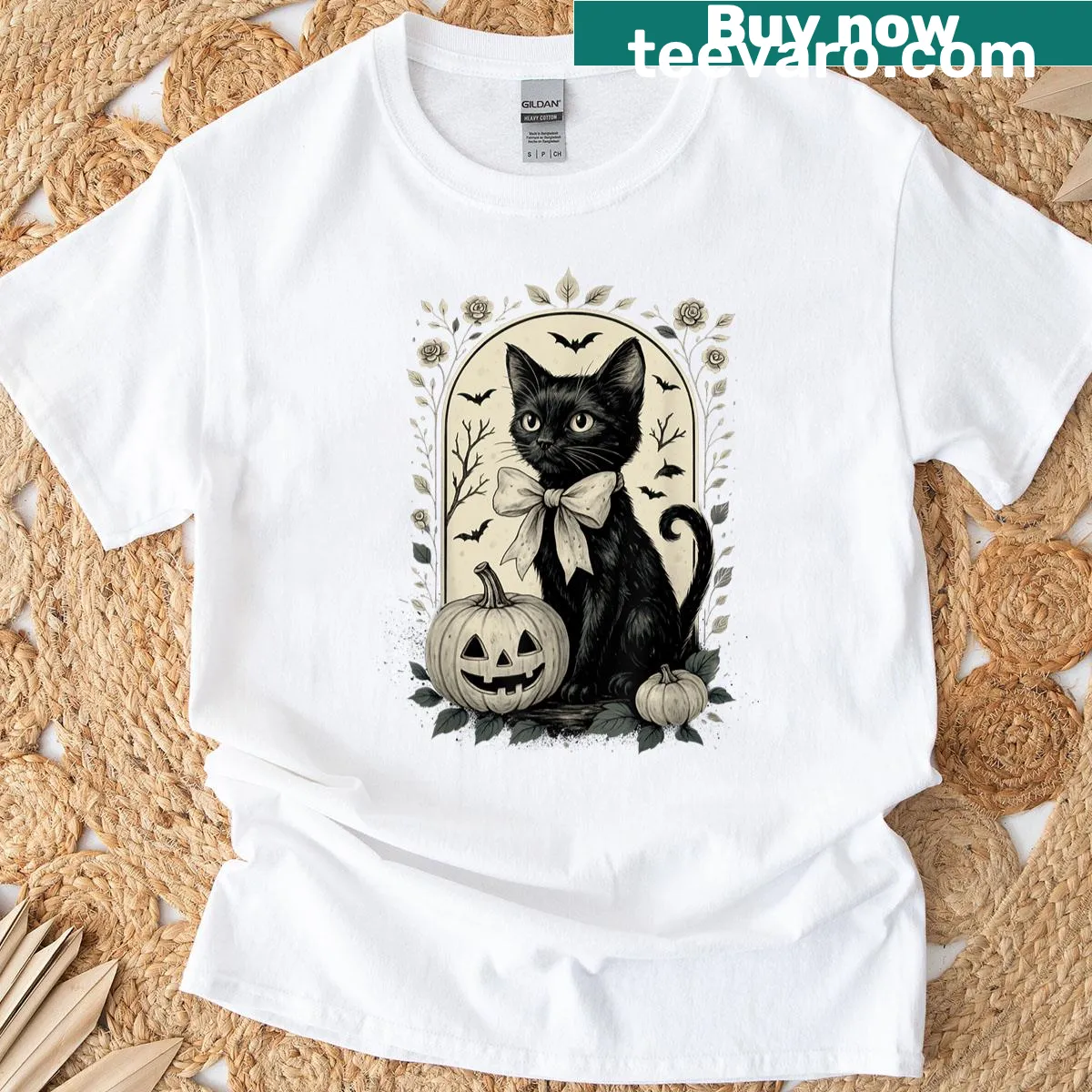 Halloween cat and pumpkin jack-o-lantern illustration on a t-shirt — on a men's t-shirt