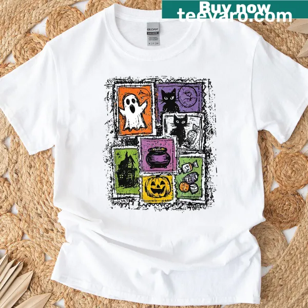 Funny girly retro Halloween t-shirt with ghost cat design