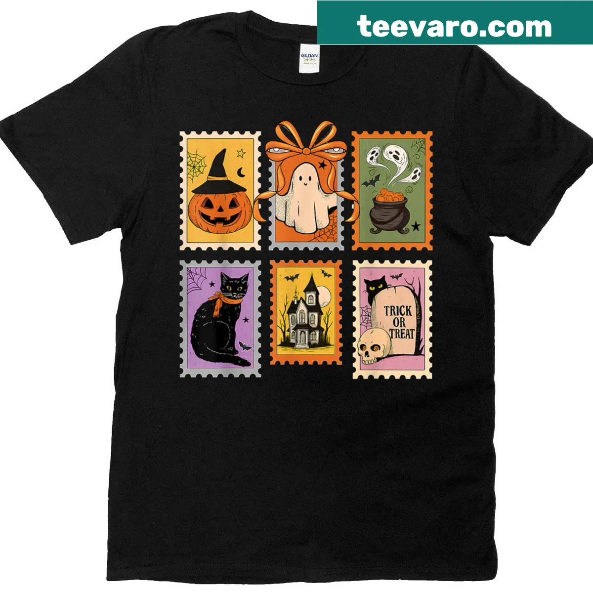 Cute retro-style Halloween T-shirt with cat and ghost design — on a men's t-shirt