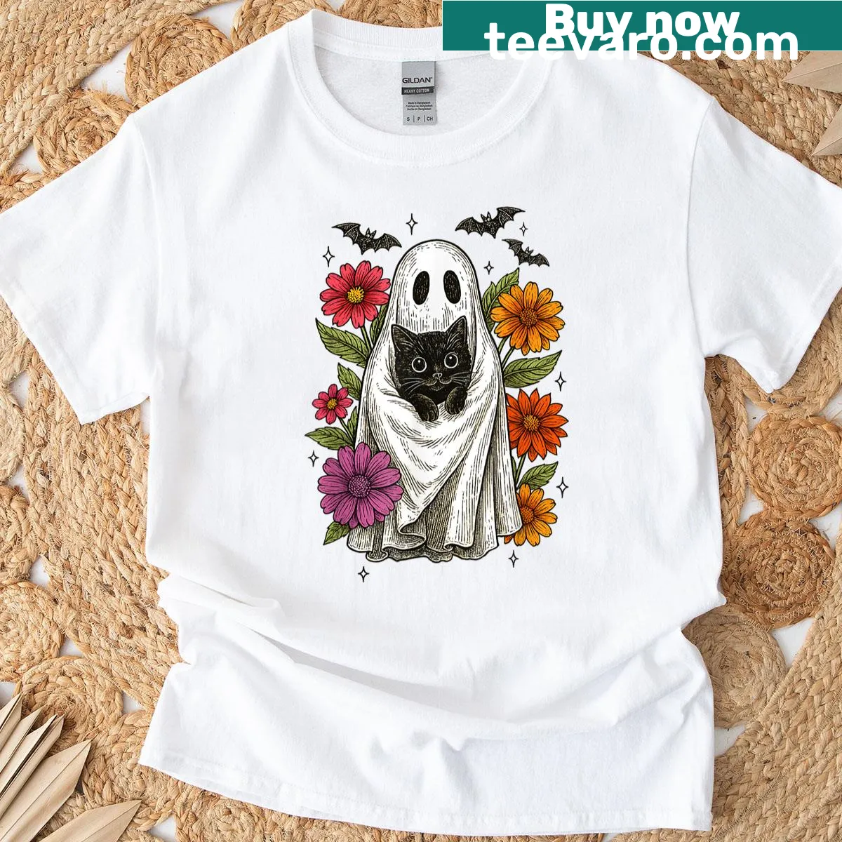 Cute ghost and cat in a retro Halloween design — on a men's t-shirt