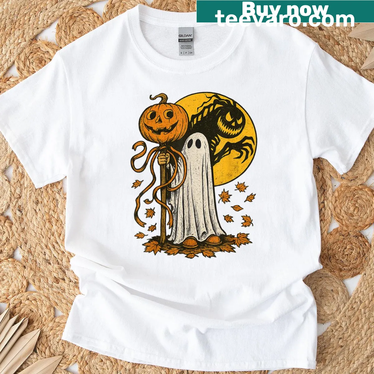 Retro design of a pumpkin and ghost among autumn leaves — on a men's t-shirt