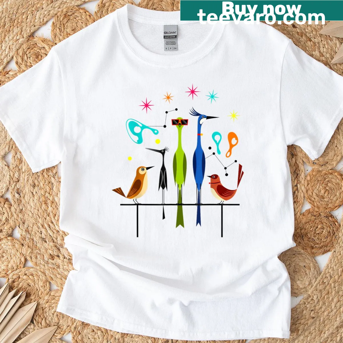 Retro T-shirt with mid-century modern bird designs from the 50s and 60s — on a men's t-shirt