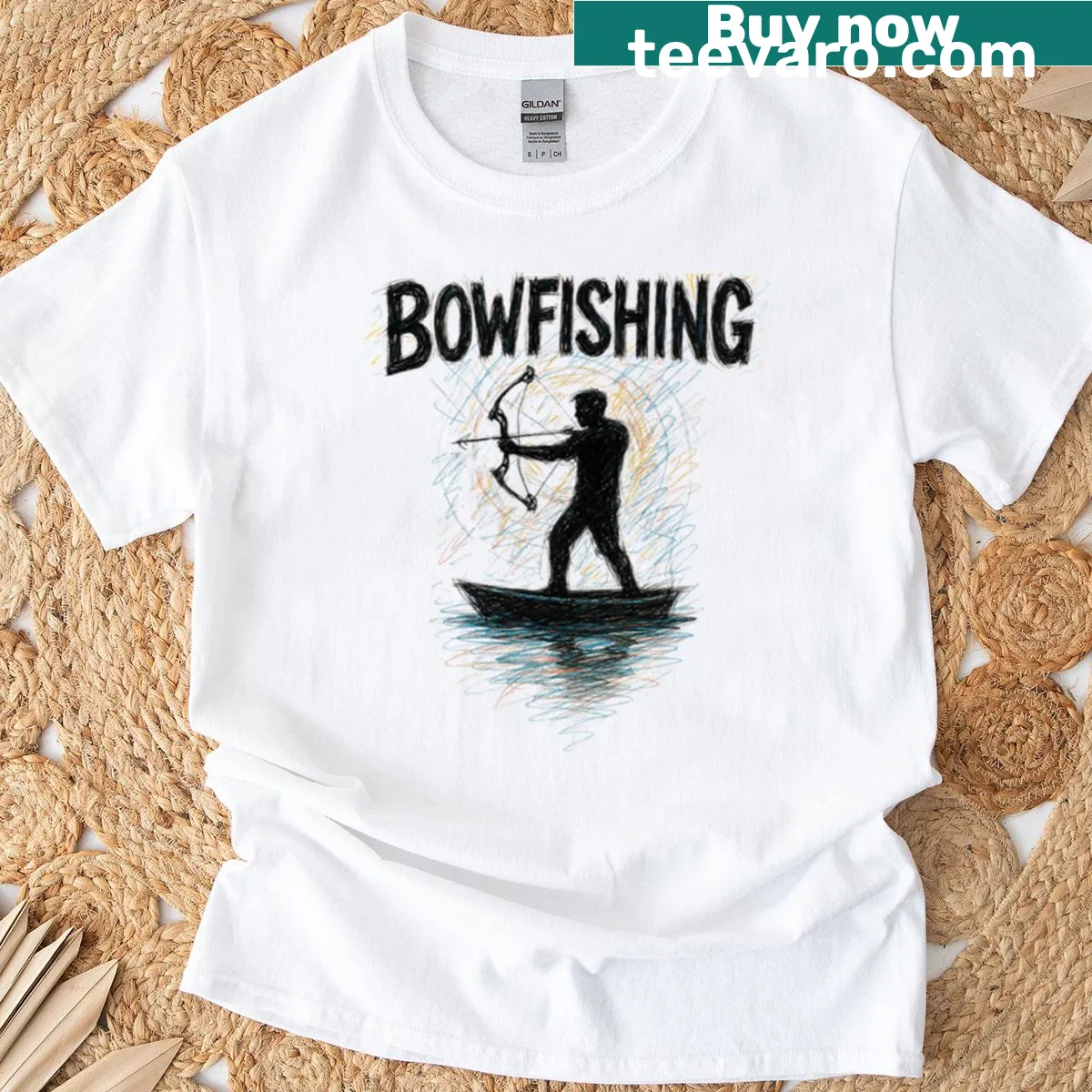 Sketch of bowfishing in a retro style on a t-shirt — on a men's t-shirt