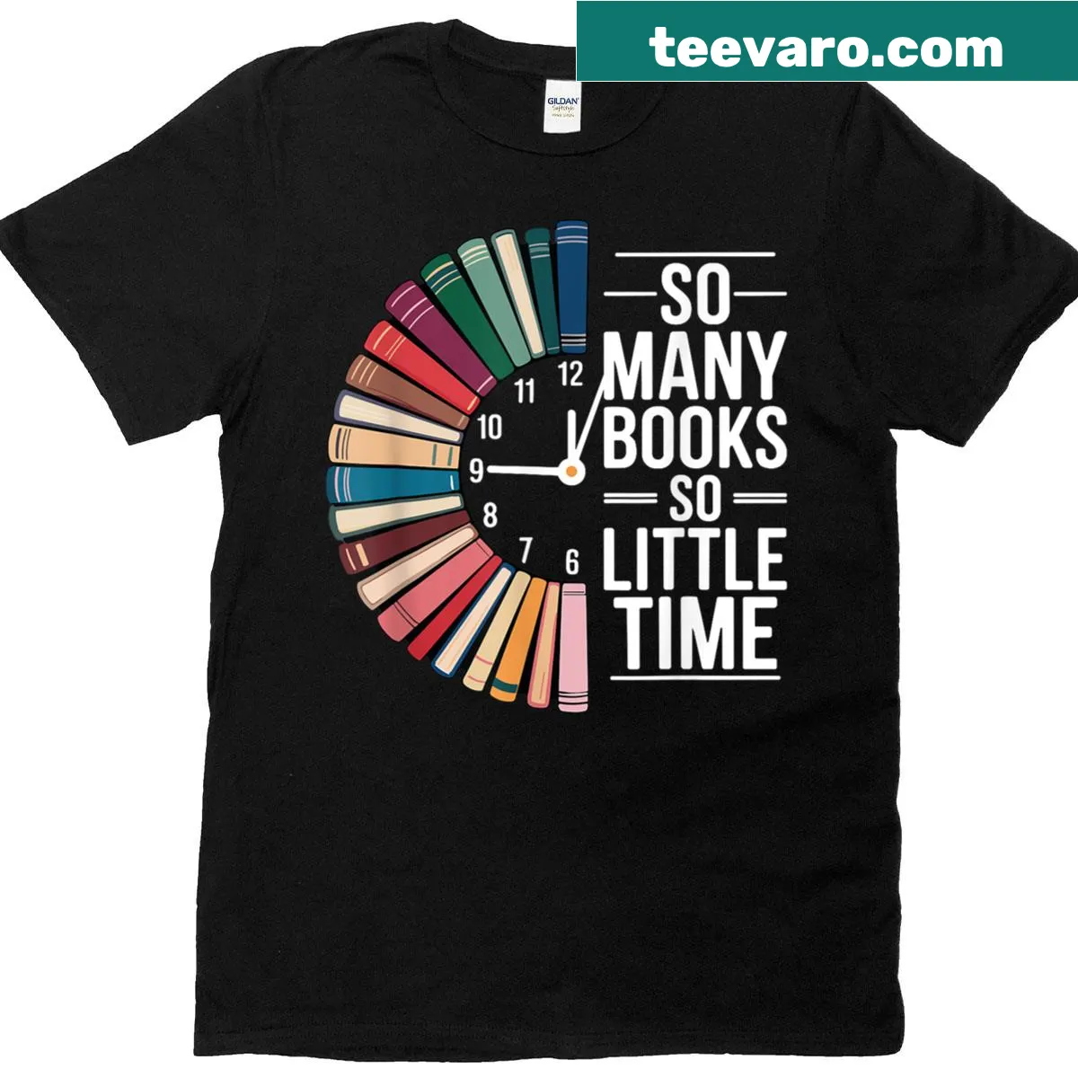 Funny reading t-shirt with a clock and book theme — on a men's t-shirt
