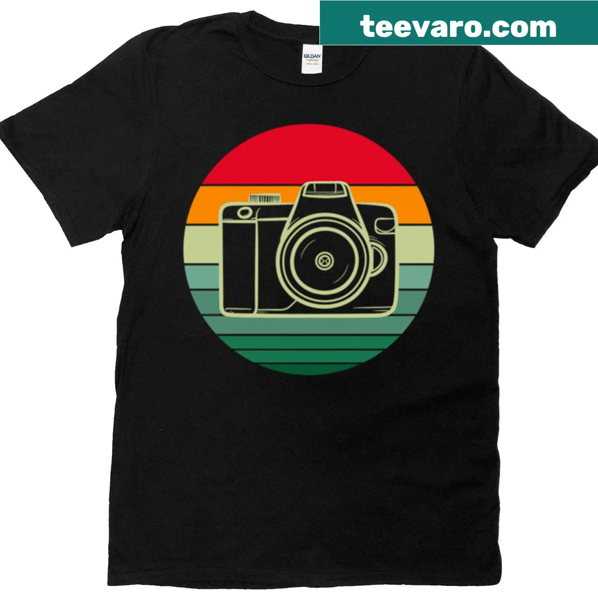 Vintage camera graphic set against a retro sunset — on a men's t-shirt