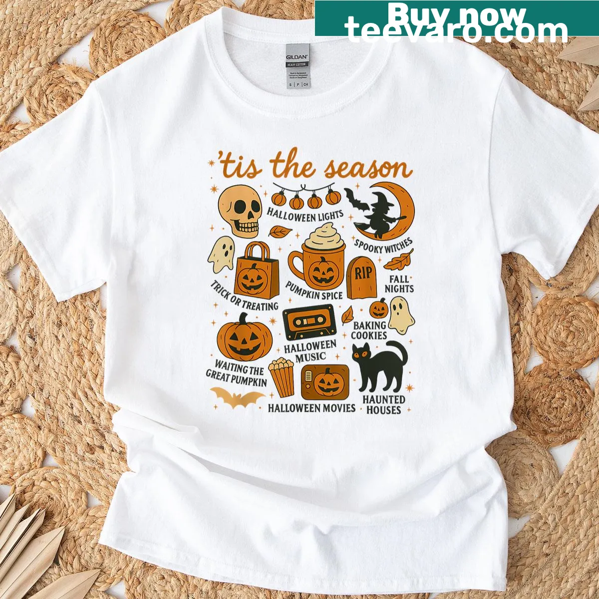 Retro Halloween t-shirt featuring playful ghosts and autumn themes — on a men's t-shirt