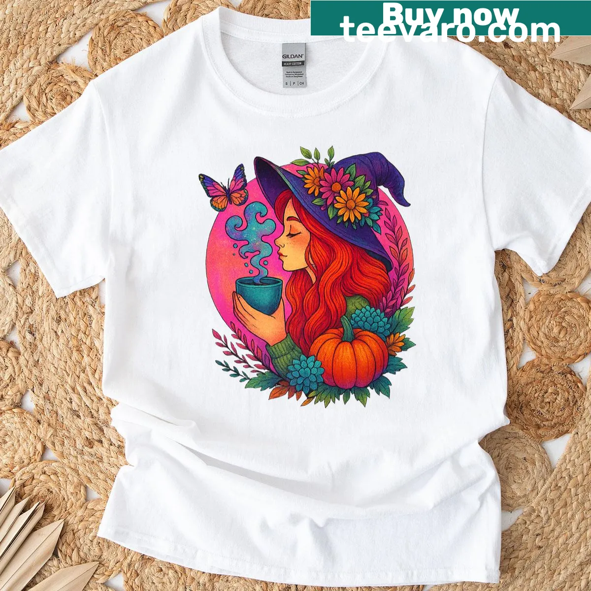 Floral wildflower design with witchy elements for a cute fall vibe. — on a men's t-shirt