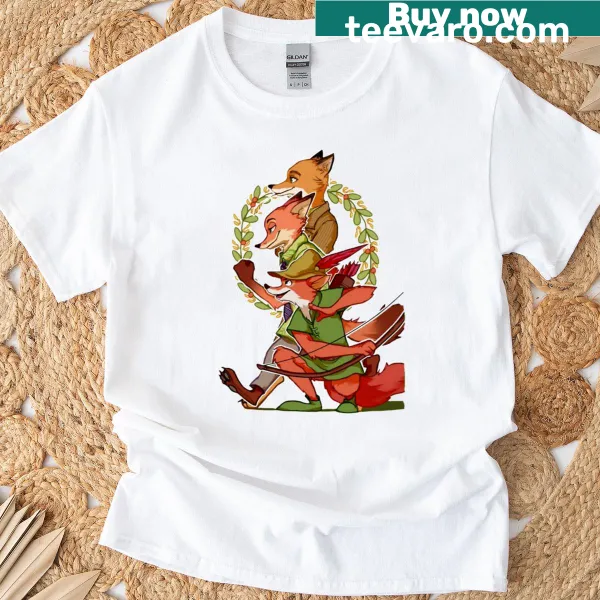 Playful cartoon of Robin Hood as a fox on a t-shirt