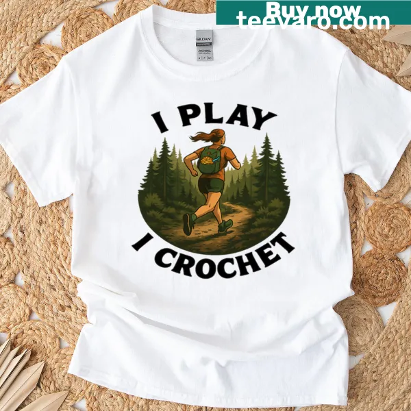 Illustrative t-shirt featuring running and crochet elements
