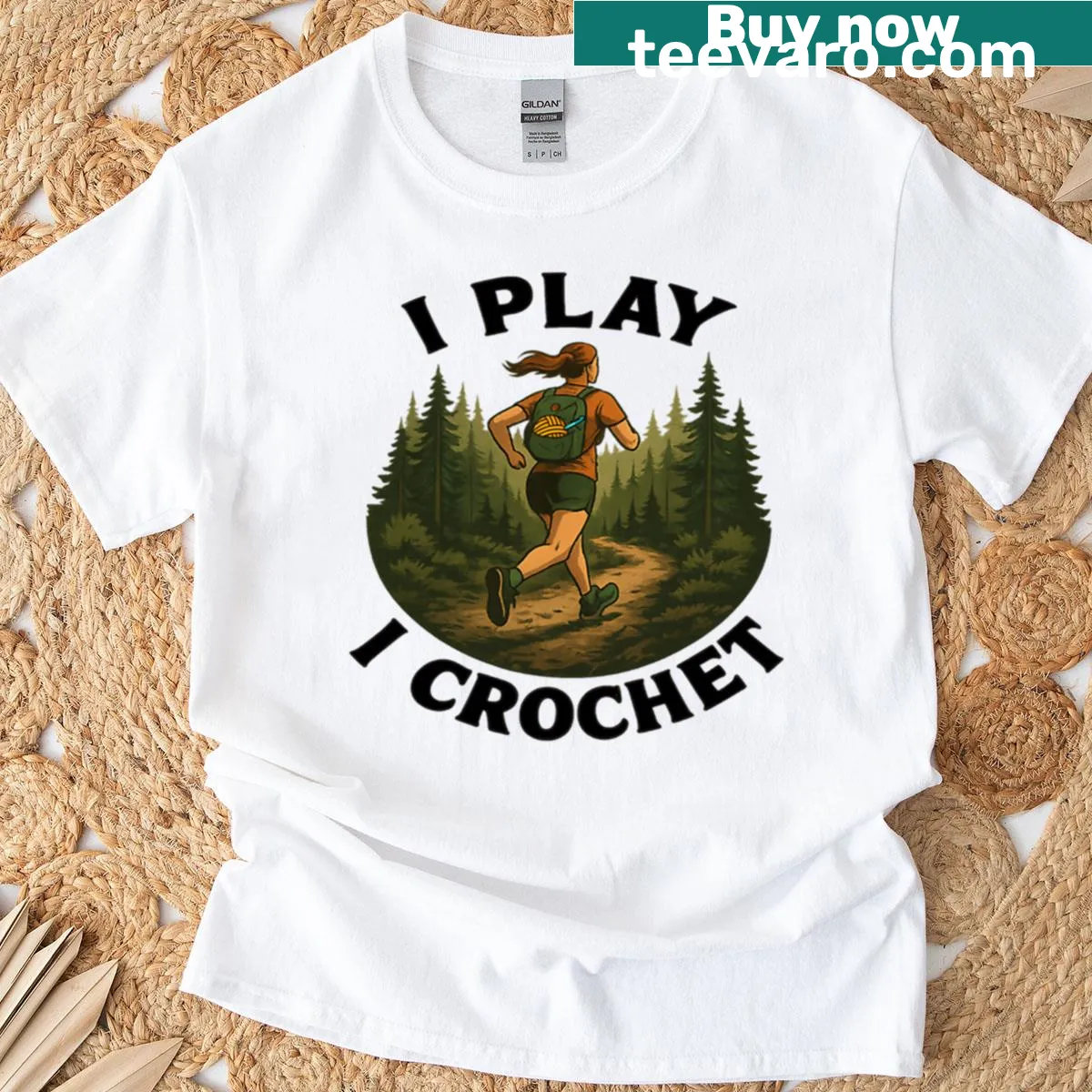 Illustrative t-shirt featuring running and crochet elements — on a men's t-shirt