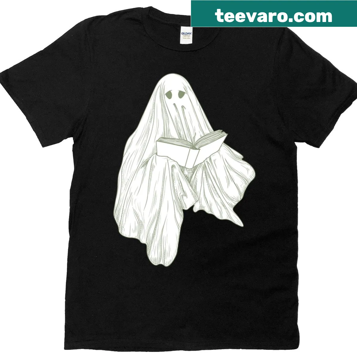 Whimsical ghost design on book lover's Halloween T-shirt — on a men's t-shirt