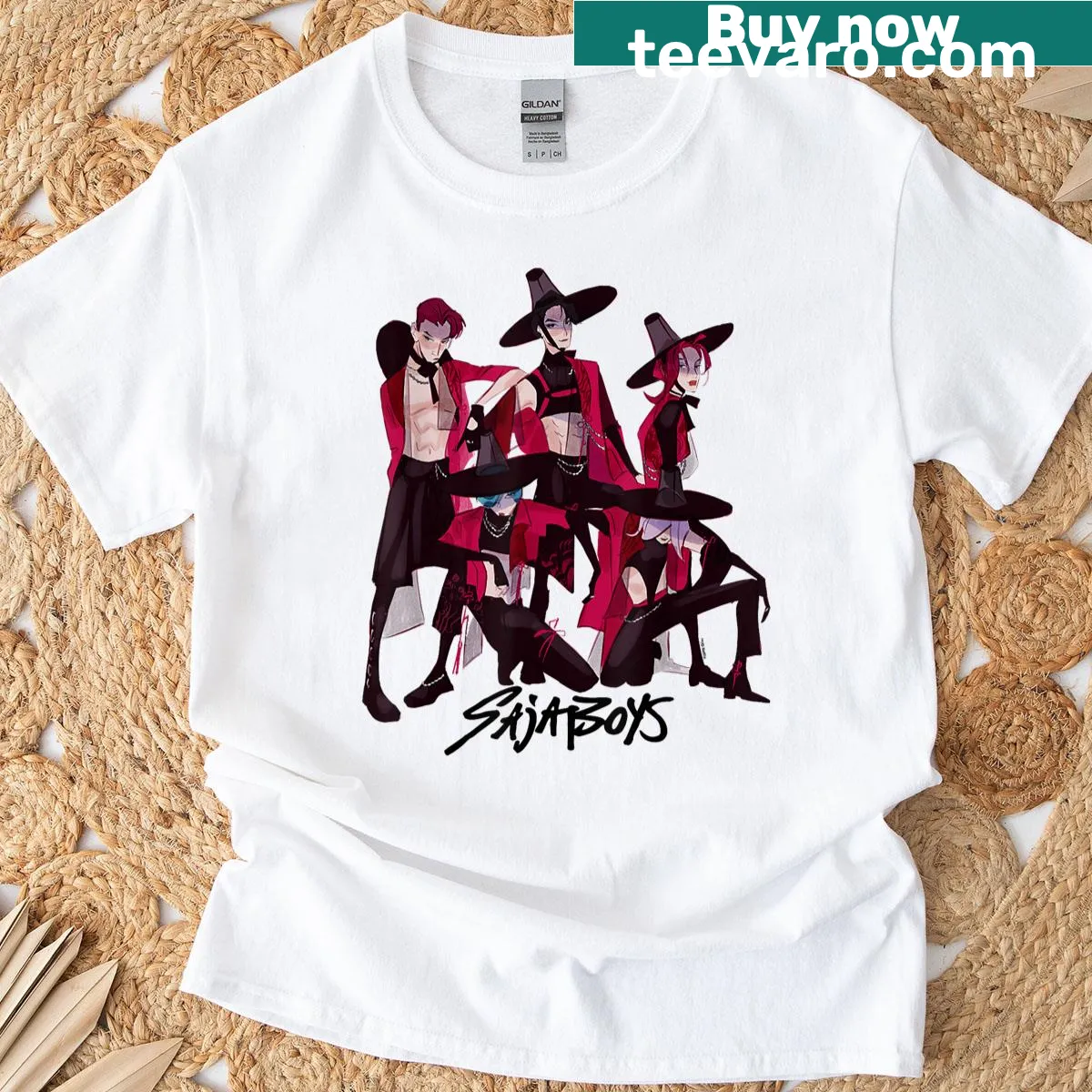 Bold emblem design for Saja Boys Demons fans. — on a men's t-shirt