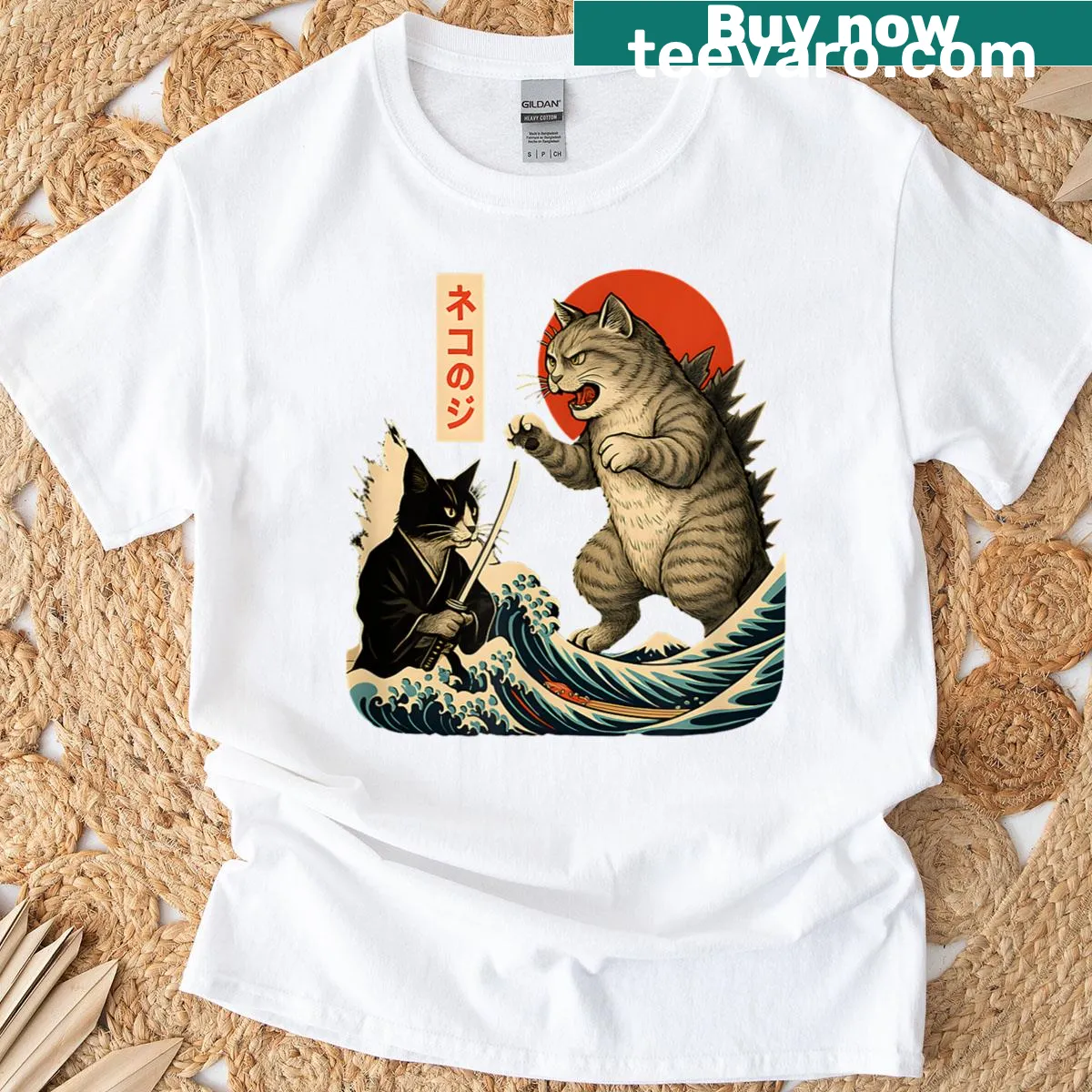 Vintage-style samurai cat battling a giant cat monster — on a men's t-shirt