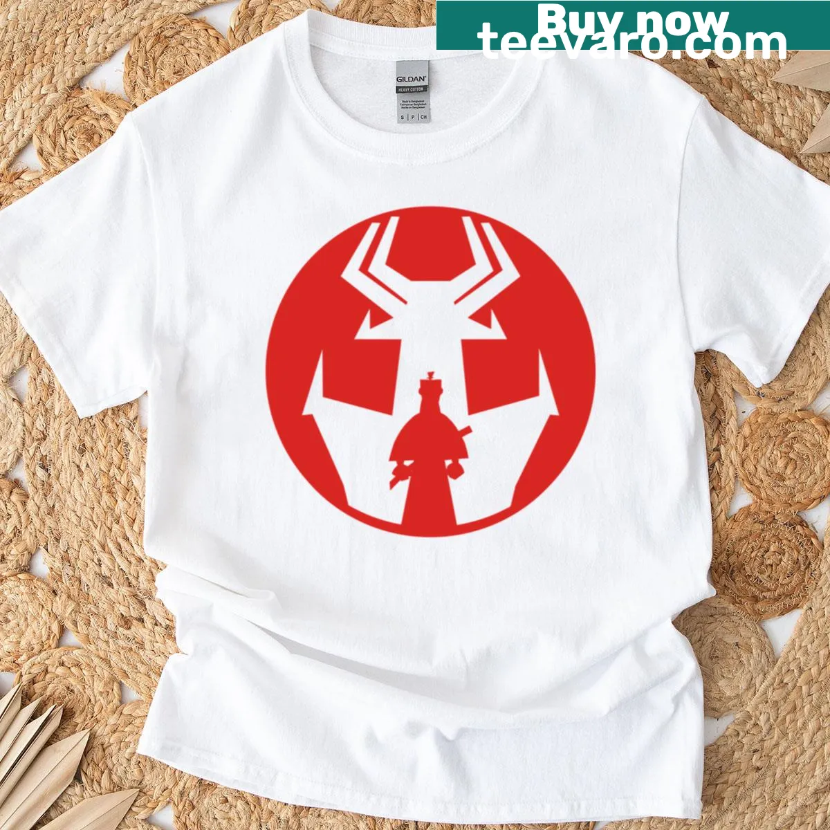 T-shirt featuring a silhouette of Samurai Jack and the Japanese flag — on a men's t-shirt